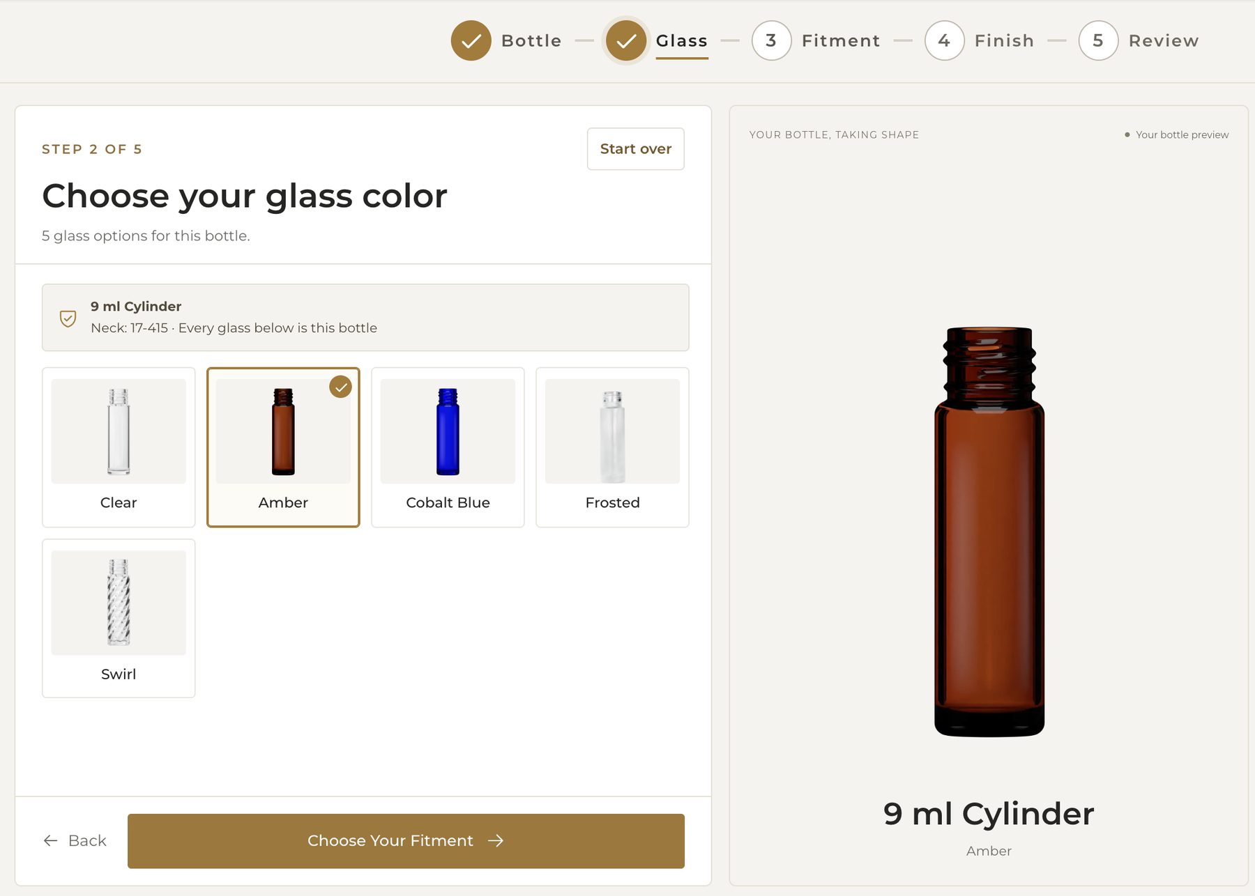 Build Your Bottle at the glass step: five glass options with Amber selected, and a live preview of an amber 9 ml cylinder.