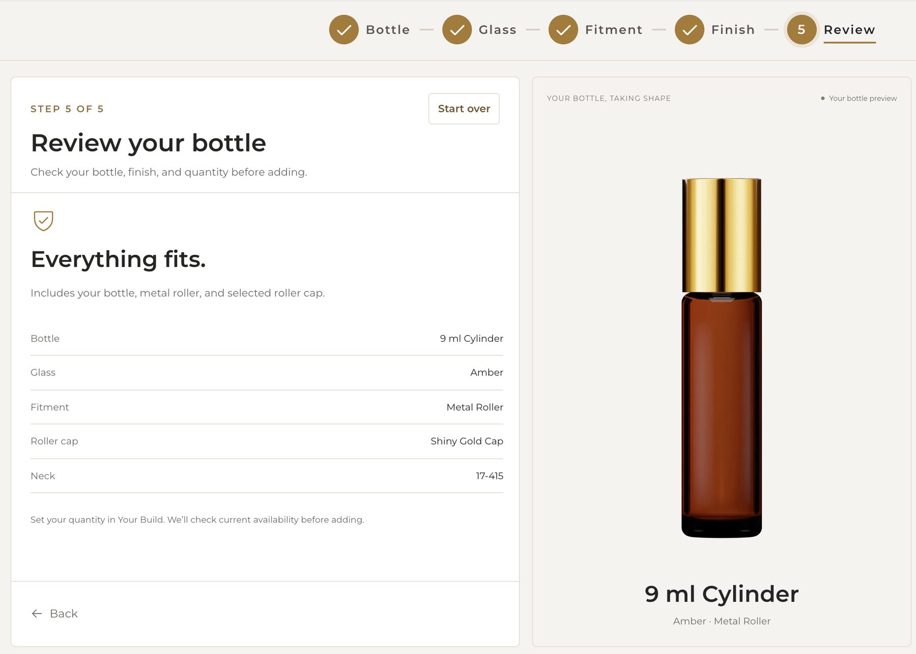 Build Your Bottle review: a checklist of bottle, glass, fitment, roller cap and neck beside the finished amber roll-on with a gold cap.