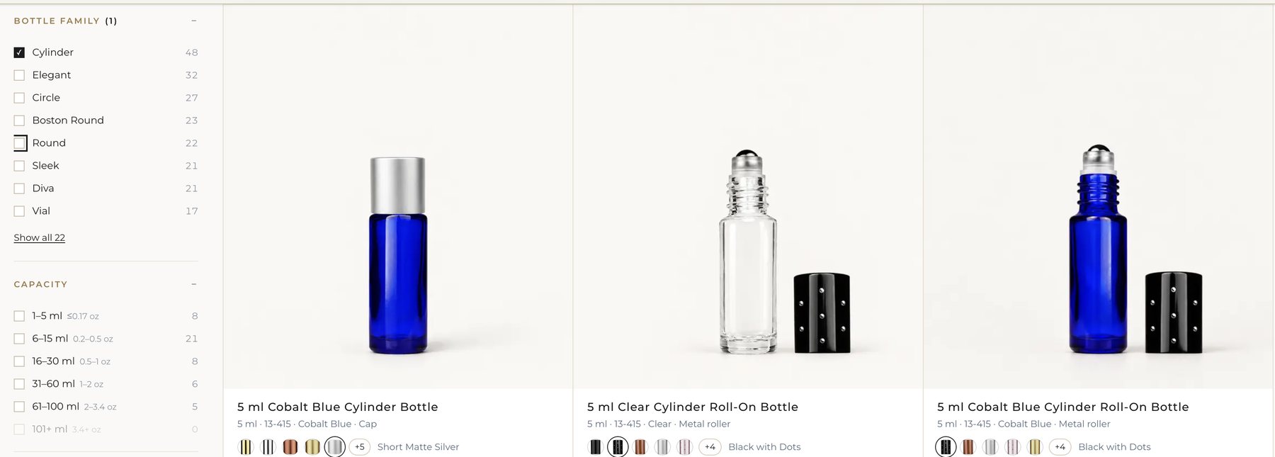 Best Bottles catalogue: a filter rail for bottle family, capacity and applicator beside three cylinder bottles in cobalt and clear, each with a row of cap colour swatches.