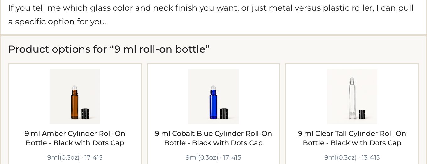 Grace’s answer to “I need a 9 ml roll-on bottle”: a follow-up question and product cards for 9 ml roll-on bottles in amber, cobalt and clear.
