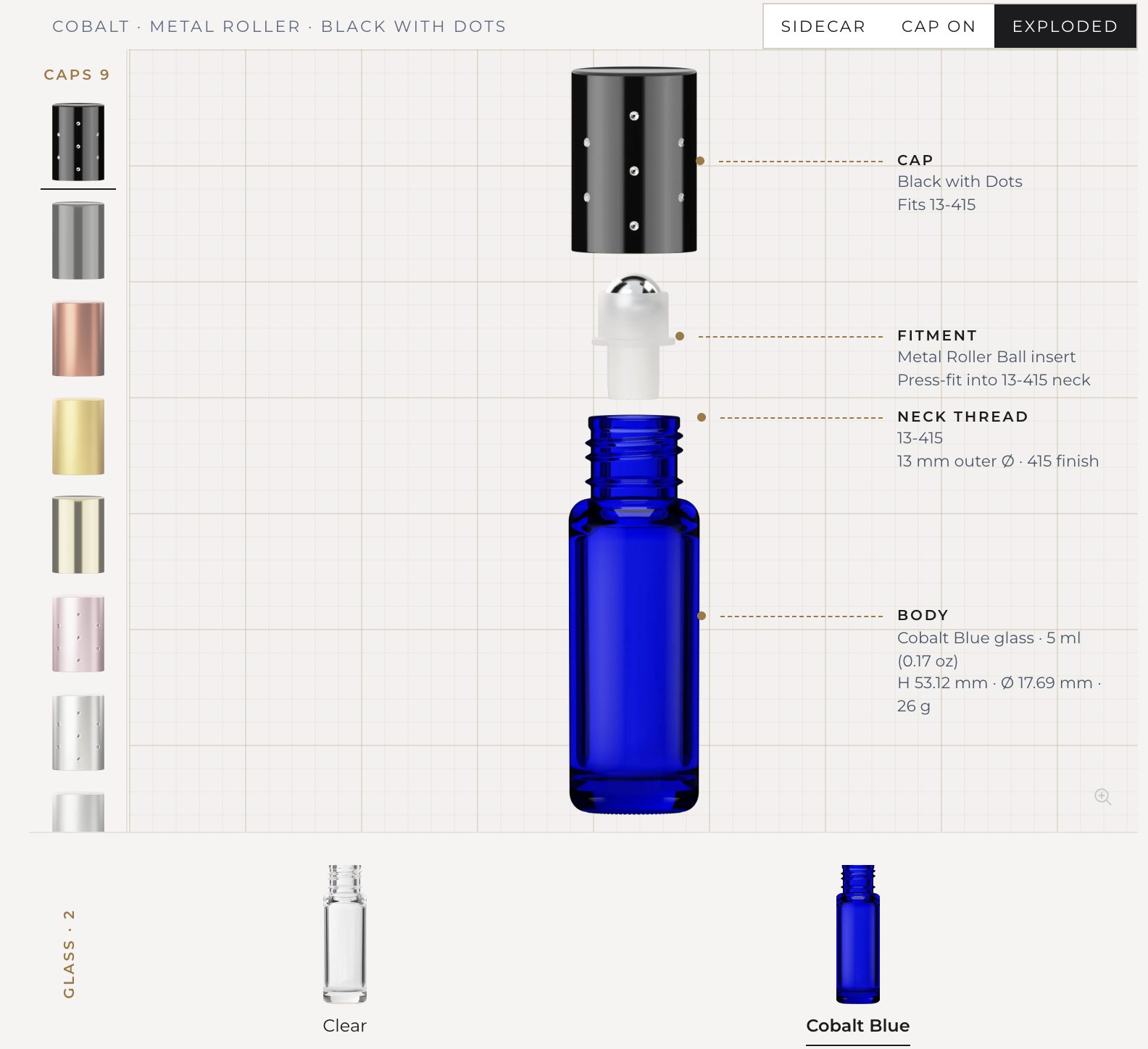 Exploded view of a 5 ml cobalt blue roll-on bottle: black dotted cap, metal roller-ball fitment, neck thread and body, each labelled.