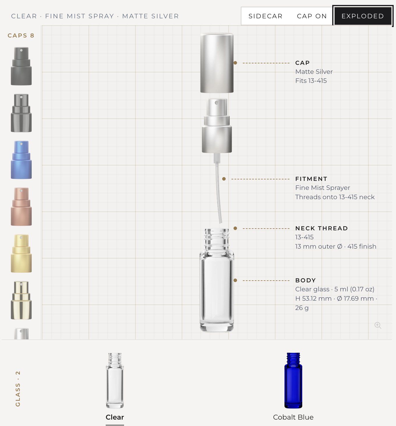 Best Bottles product page in exploded view: cap, fitment, neck thread and body of a clear spray bottle, each labelled.