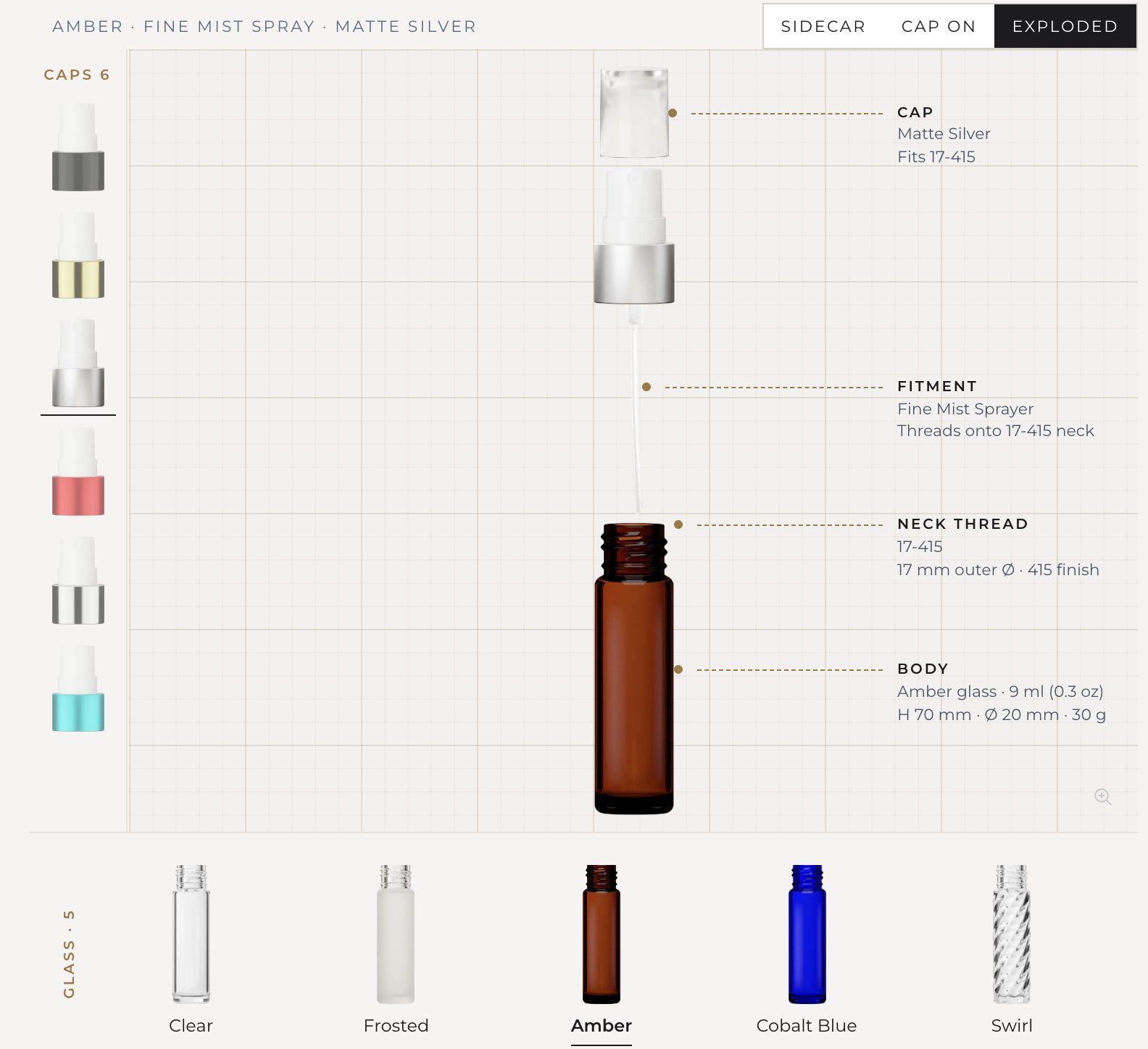 Best Bottles product page in exploded view: an amber spray bottle with cap, fitment, thread and body labelled.
