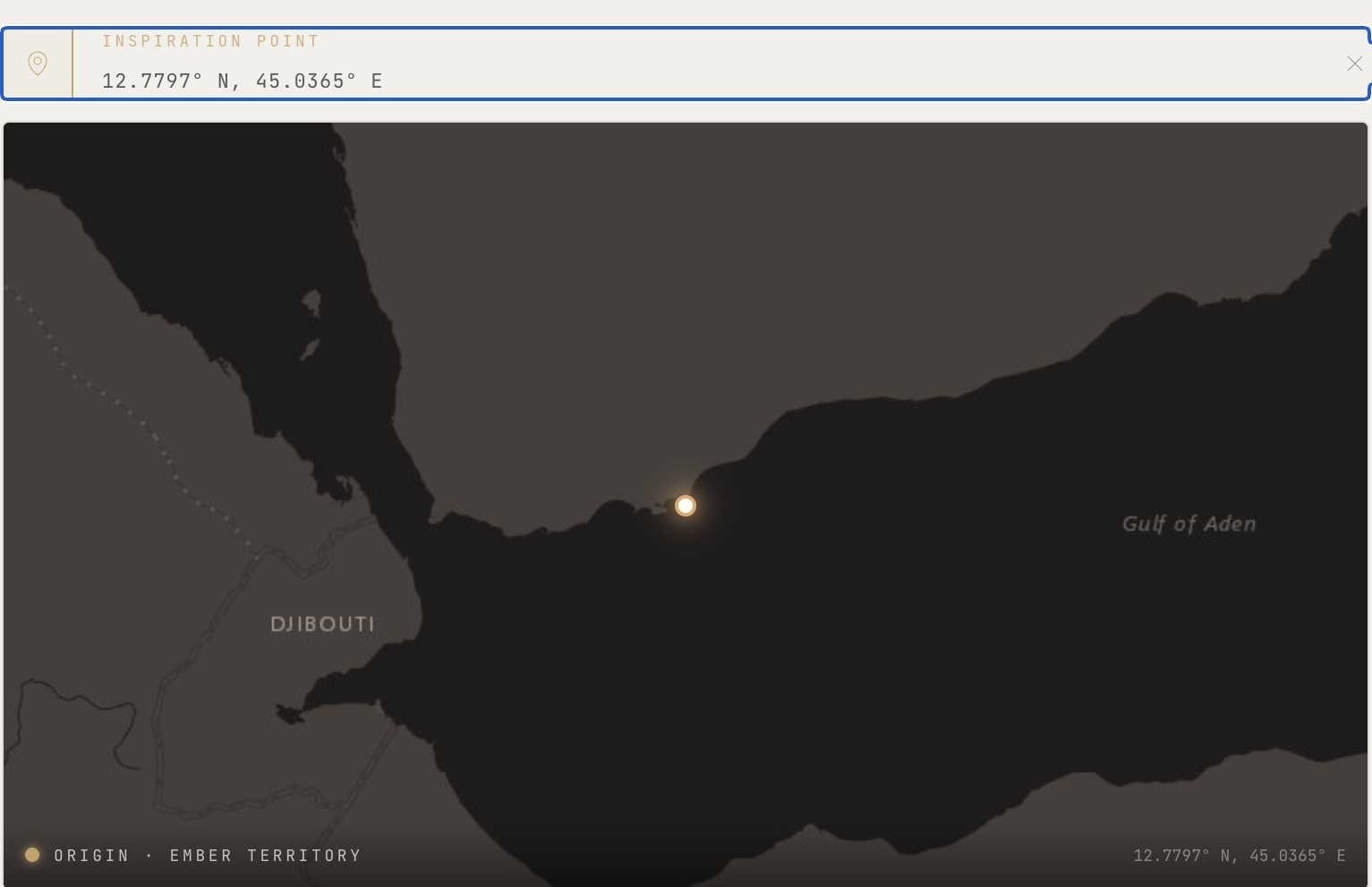 Aden’s inspiration point: coordinates above a dark map of the Gulf of Aden with a single glowing marker.