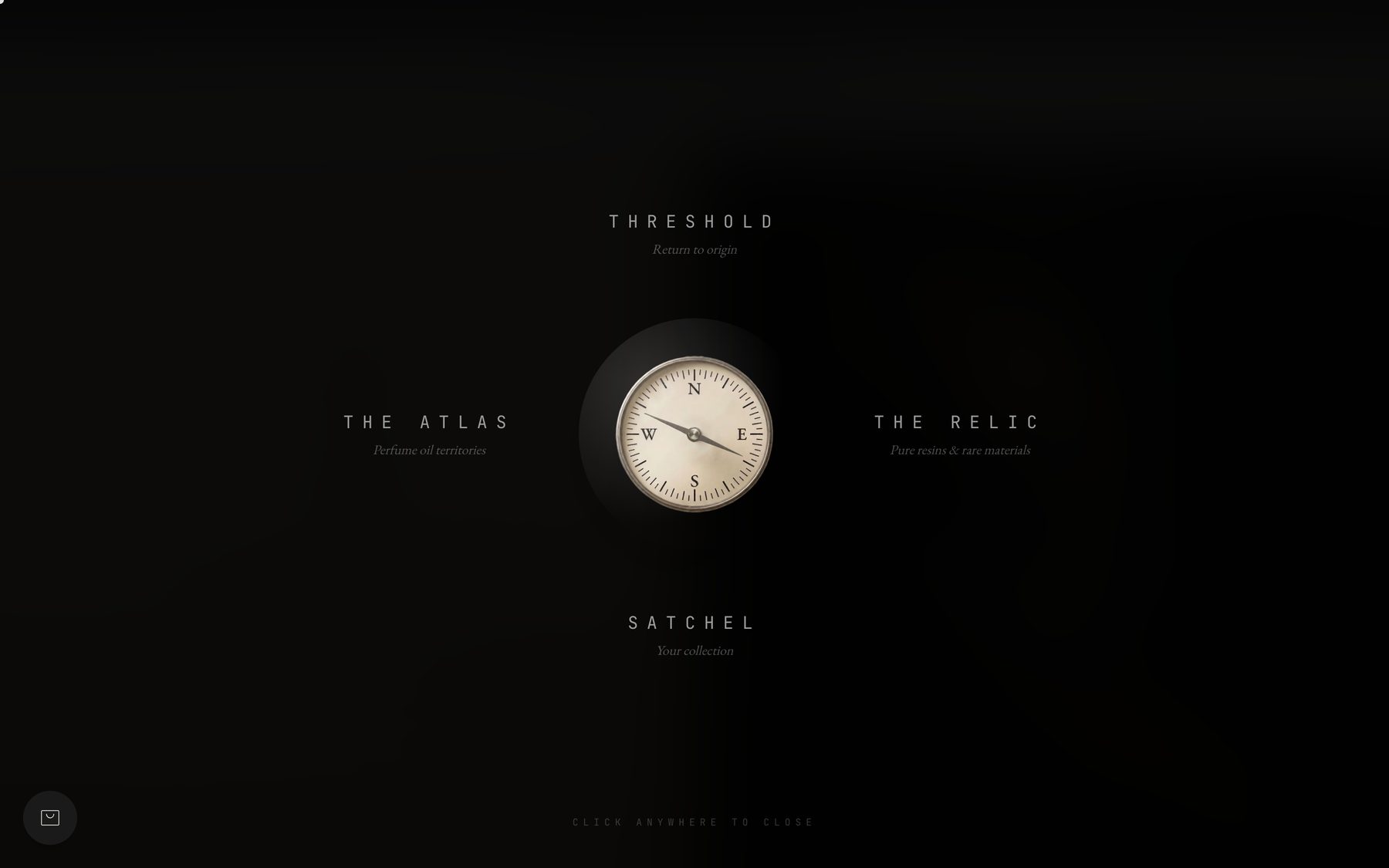Tarife Attar compass navigator: a brass compass with the Atlas, the Relic, Threshold and Satchel at its points.