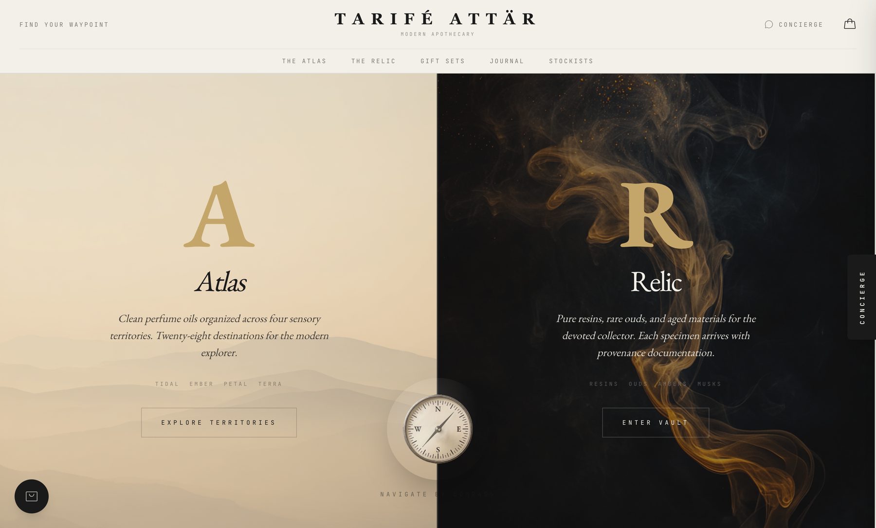 Tarife Attar home page: a pale Atlas half and a dark Relic half, divided by a brass compass.
