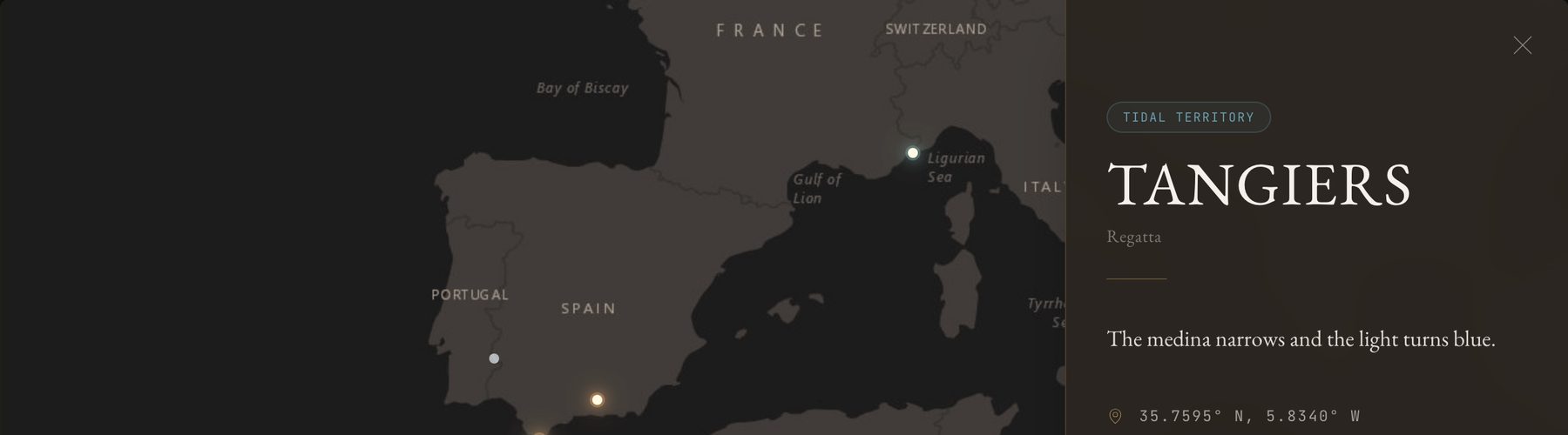 The Atlas map zoomed to the Strait of Gibraltar with the Tangiers location card open: Tidal territory, a one-line description and coordinates.