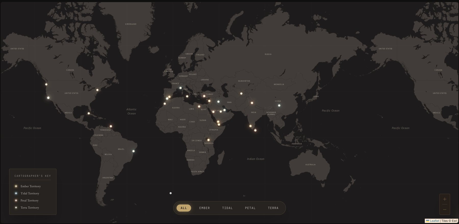 A dark world map with glowing markers across the Americas, Europe, Africa and Asia, a cartographer’s key for the four territories and territory filters.