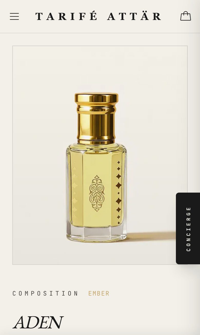 Tarifé Attär product page on a phone: a gold-capped bottle of Aden perfume oil, Composition Ember.