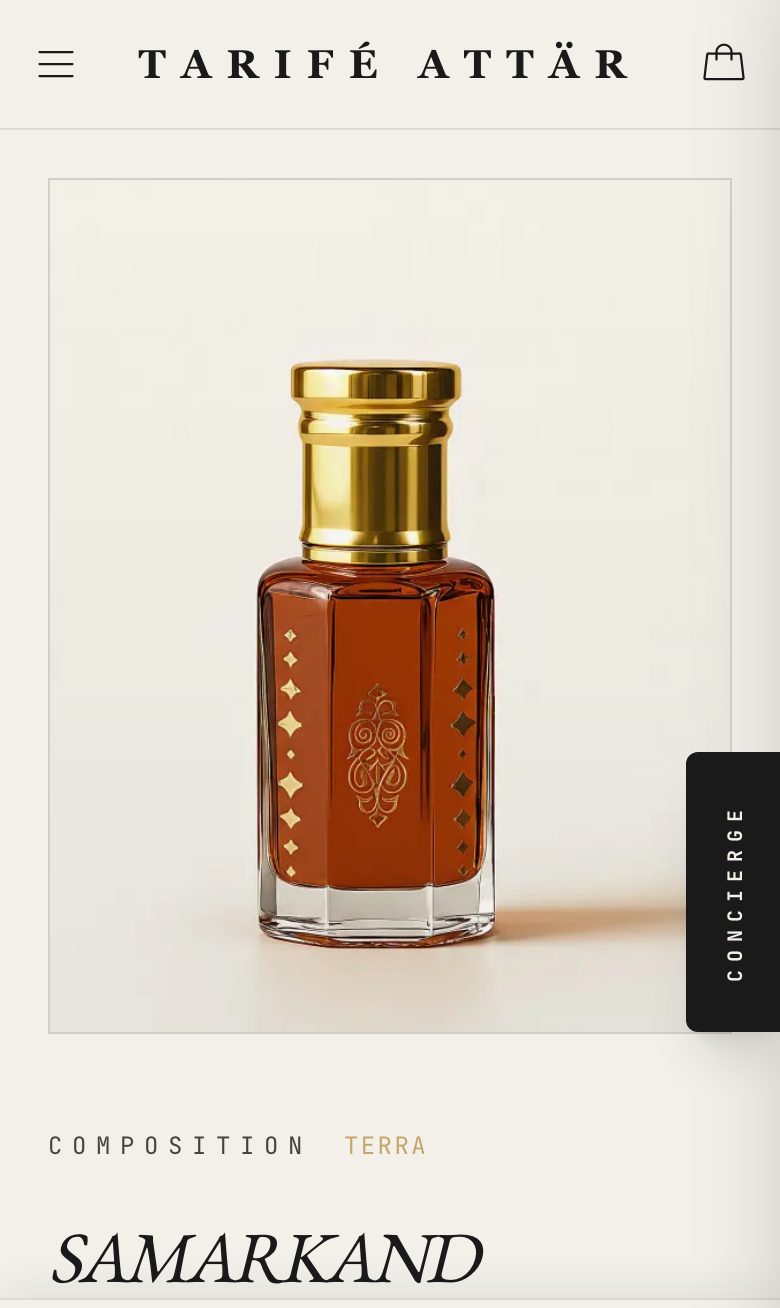 Tarifé Attär product page on a phone: a gold-capped bottle of Samarkand perfume oil, Composition Terra.