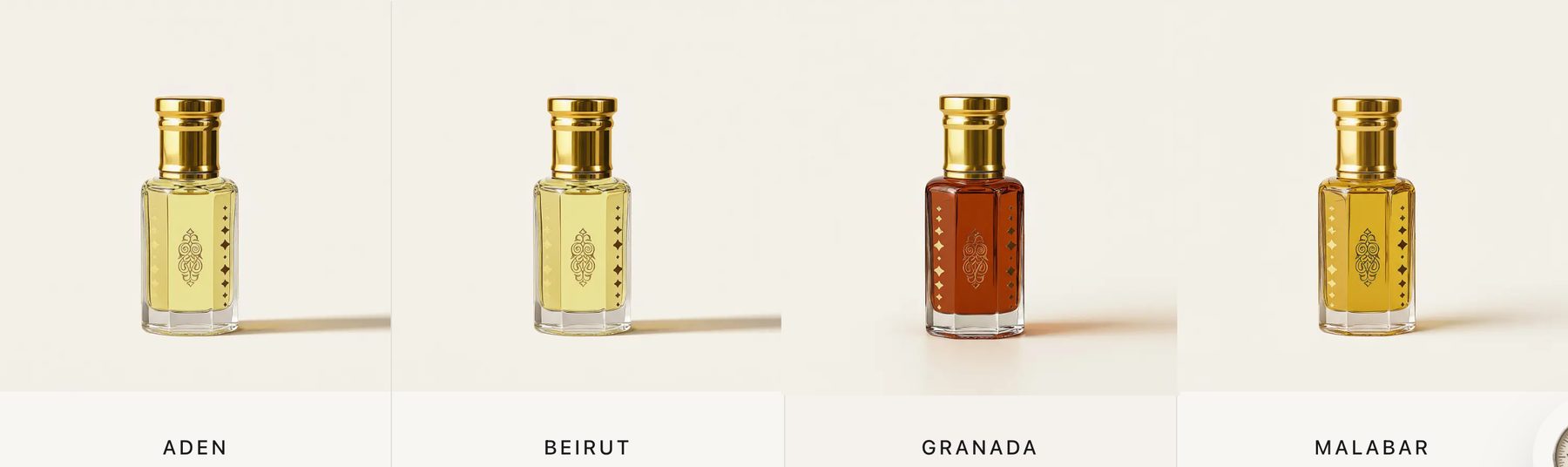 Four Ember waypoint cards in the Atlas: Aden, Beirut, Granada and Malabar perfume oil bottles with gold caps.