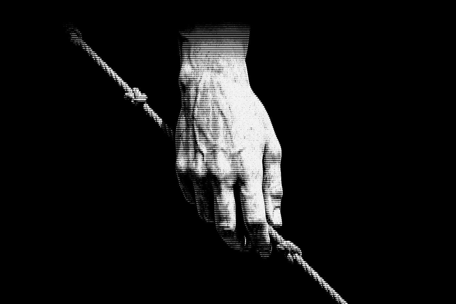 Scanline study of a marble hand pulling a knotted surveyor’s cord taut.
